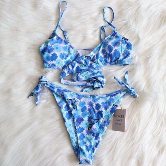 NEW White Blue Butterfly Floral Bikini Swim Set Size Large - Picture 5 of 11